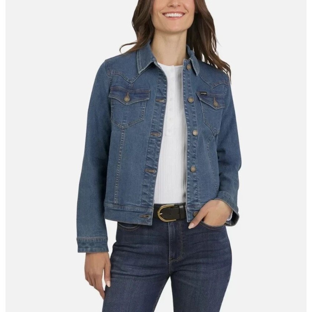 Wrangler Denim Jacket Blue Button Front Trucker Women’s Medium Classic Western - Picture 1 of 5